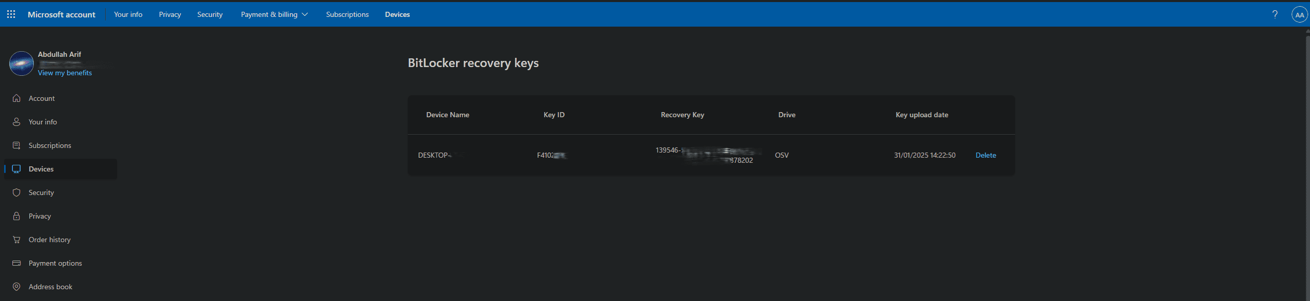 Microsoft account recovery key page listing BitLocker keys for each device