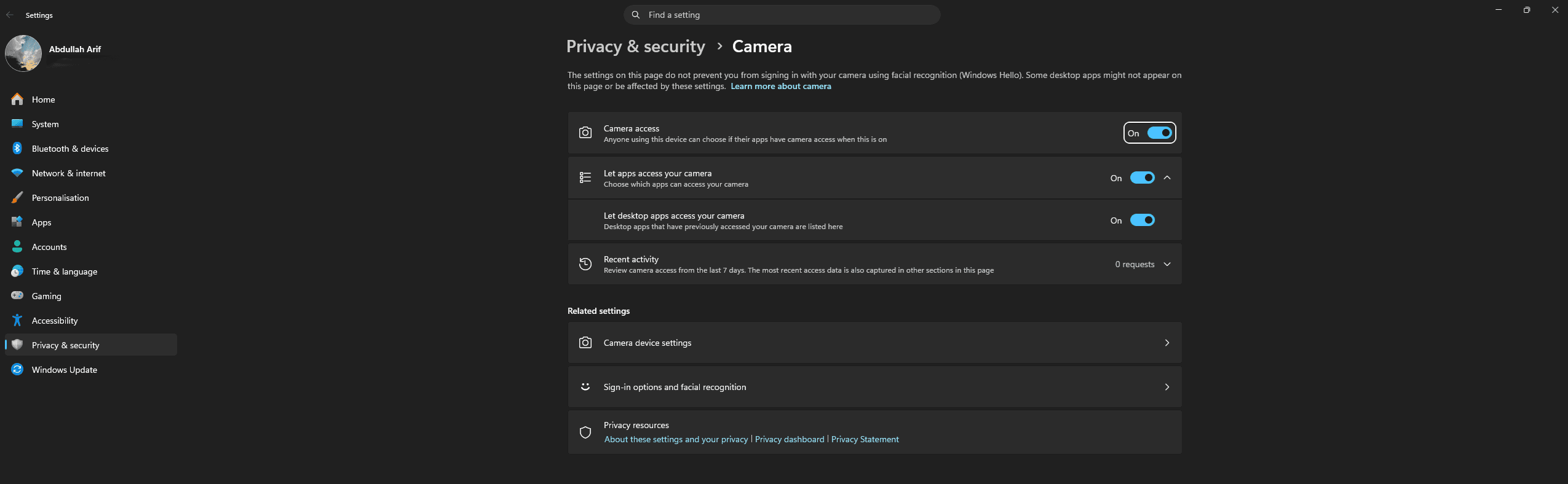 Windows 11 Camera privacy settings page under Settings, Privacy and security