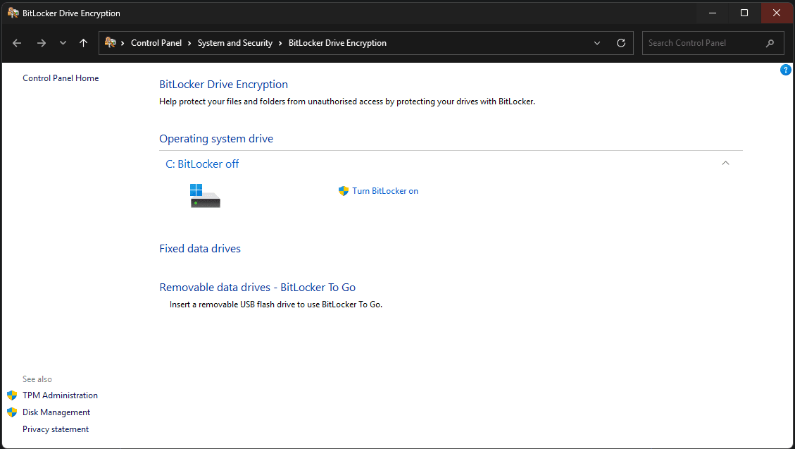 Windows 11 Device encryption setting under Settings, Privacy and security